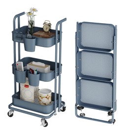 DTK 3 Tier Foldable Rolling Cart, Metal Utility Cart with Lockable Wheels, Folding Storage Trolley for Living Room, Kitchen, Bathroom, Bedroom and Office, Blue