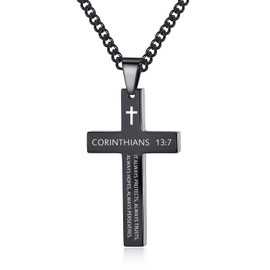 REVEMCN Inspirational Bible Verse Cross Necklace for Men Boys, Stainless Steel Plain Black Silver Cross Pendant Necklace for Men 20-24 Inches Curb Chain Faith Jewelry Gift (Proverbs 4:23 - Silver, 22)