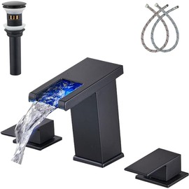 LOOPAN LED Widespread Bathroom Faucet Black - Waterfall Bathroom Faucets for Sink 3 Hole, Bathroom Sink Faucet 8 Inch 2 Handles, Modern Bathroom Faucets with Pop-up Drain & cUPC Supply Lines