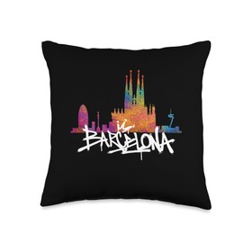 Barcelona Skyline Graffiti Lettering Throw Pillow