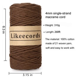 Likeecords 4mm Single Strand Macrame Cord 80m Colored Macrame Rope, Cotton Rope Macrame Yarn, Colorful Cotton Craft Cord Wall Hangings, Plant Hangers, Crafts (Brown)