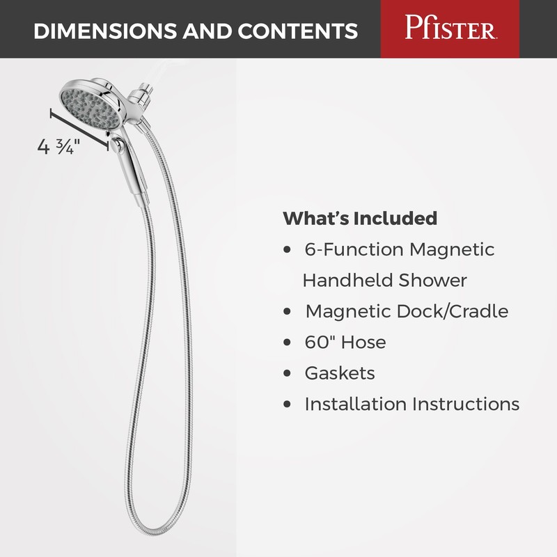 Pfister HydroFuse Handheld Shower Head, Hose Included, Magnetic Docking, 6-Function,