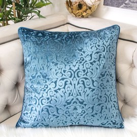 Homey COZY Modern Velvet Throw Pillow Cover,Spa Blue Luxury Elegant Floral Soft Fuzzy Cozy Warm Slik Decorative Square Couch Cushion Pillow Case 20 x 20 Inch, Cover Only
