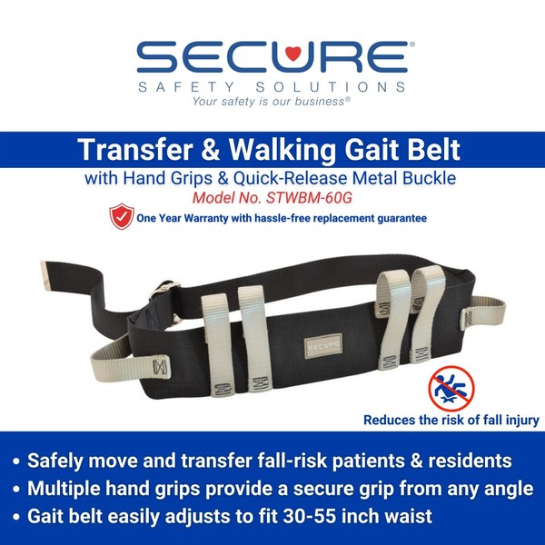 Secure 60 Inch Transfer and Walking Gait Belt for Seniors with 6 Handles and Metal Buckle - Medical Gate Standing Assist Aid for Elderly Patient, Seniors, Bariatric, Occupational & Physical Therapy