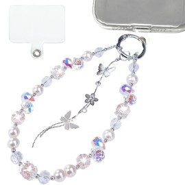 Fofvccv Crystal Butterfly Phone Strap Beaded Lanyard Wrist Chain, Handmade Pearl Keychain Women Girls Y2K Cute Accessories Charm for Phone, Bag, Backpack (Pink Butterfly)