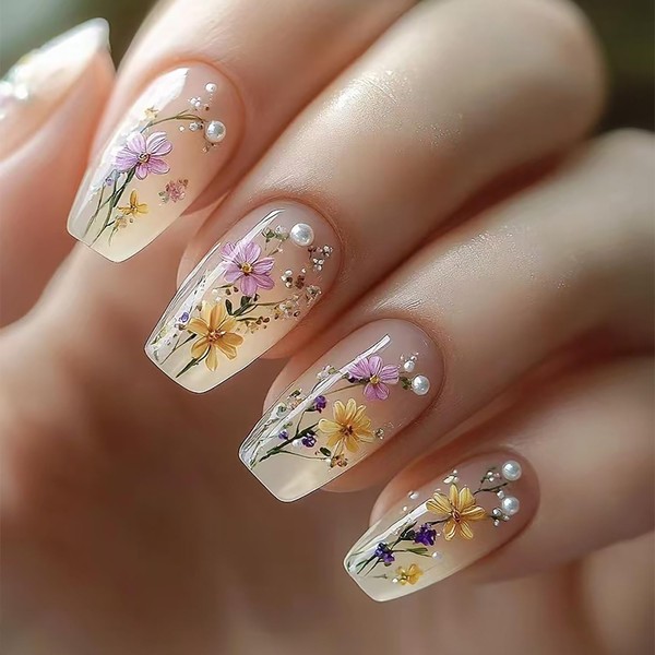 CJDLTS Flower Press on Nails Medium Ballet Shaped Full Cover