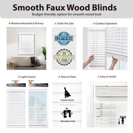 DEZ FURNISHINGS Cordless 2" Smooth Faux Wood Blind, 28" W x 48" H, Smooth White