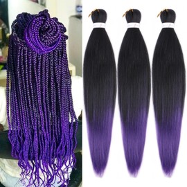 Ombre Natural Black to Purple Braiding Hair Pre stretched 26 Inch 3 Packs Pre-stretched Braiding Hair EZ Braid Synthetic Hair Extensions for Crochet Box Braids