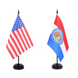 WXTWK 2 Pack USA Missouri Flag Missouri State Desk Flag Set - Mini Small Missouri Table Office Flags with Black 12" Solid Pole Stand Base Classroom Meeting Desktop Decorations