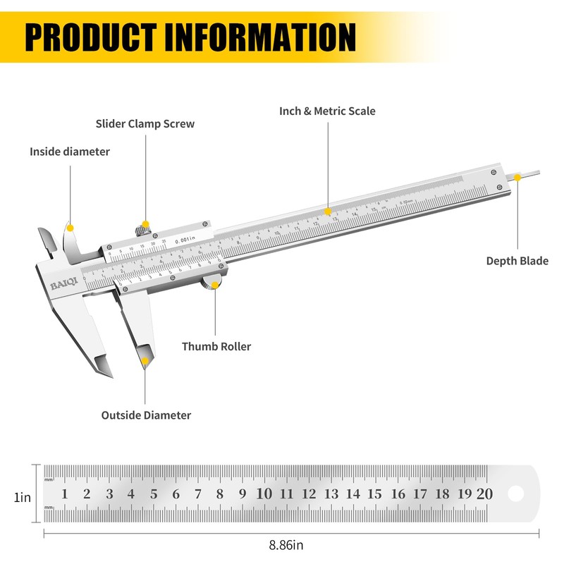 BAIQI Vernier Caliper Measuring Tool,0-6"/0-150mm Manual Stainless Steel Caliper,High Accuracy