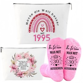 MHwan 30 Geburtstag Frauen, Geschenke Mit Lustigen und Humorvollen Worten, Doppelseitiges Exquisites Kosmetiktaschen und Weiches Warmes Socken-Set, Süßes Rosa Set, Geburtstagsgeschenke für Frauen