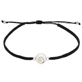AeraVida Spiritual Eye of Shiva Shell Sterling Silver on Black Cotton Rope Adjustable Wrist Pull Bracelet