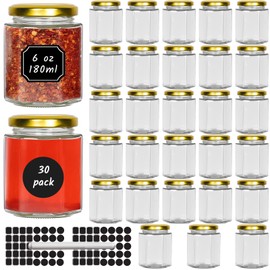 Waymind 6 oz Hexagon Glass Jars with Gold Lids, 30 Pcs Canning Jars for Jam, Honey, Jelly, Candy, Candle, Wedding Favors, Baby Shower Favors, Spice Jars Crafts with Stickers and Pen for Labeling