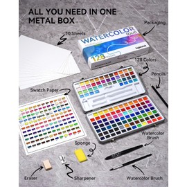 LIGHTWISH Watercolour Paint Set 128 Colors in Portable Box, with Paper, Brushes, and other Drawing Tools, Travel Watercolor Set Art Supplies for Artists and Hobbyists