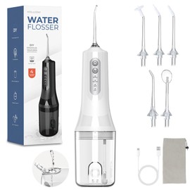 KIROGILY Irrigador Bucal, Water Flosser con Depósito De Agua de 260 ml, Irrigador Dental Recargable Impermeable IPX7, Oral Irrigador Agua Presion con 4 Modos y 5 Puntas de Chorro, para Viajes Hogar (Blanco)