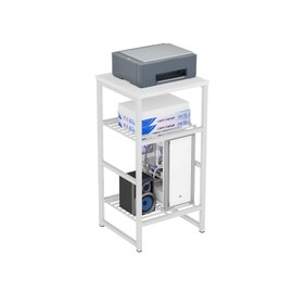 GEORIS Industrial Printer Stand 3 Tier, Home Printer Wood Table with Wire Storage Shelf for Scanner Fax Machine, Heavy Duty Metal, White with White Board