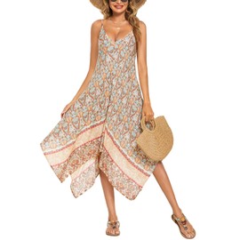 Chigant Women's Boho Summer Floral Print Dress Sleeveless Tropical Beach Dress Deep V Maxi Dress Cover Up