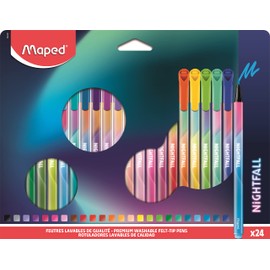 Maped - Nightfall Drawing Pens - Writing Pens Ink Washable - Medium Tip Super Tough - Triangular Shape - Box of 24 Felt Tip Pens Long Life 844402 Multicoloured