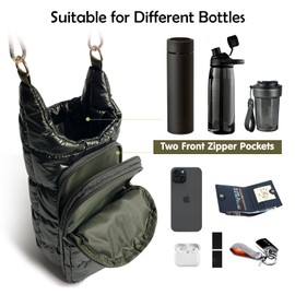 JSLOOO Puffer Quilted Crossbody Water Bottle Carrier Bag with Adjustable Strap Crossbody Water Bottle Holder with Pocket