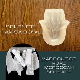 BFA ROCk selenite hamsa bowl - selenite bowl for crystals charging stone, dish sculpture charged healing energy bowls, stones cleansing crystal health of rock gemstone plate spiritual decoration