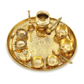 NOBILITY Brass Pooja Thali Set 12 Inch with Pital Puja Plate Kalash Bowl Spoon Palli Ghanti Kuber Diya Chandan Wati Dhup Dan Arti Thali for Diwali Home Office Mandir Wedding Return Gift Items