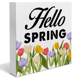 Spring Decor, Spring Decorations Country Hello Spring Tulip Wood Sign Spring Home Decor Indoor for Shelf Table Desk 5 X 5 Inches