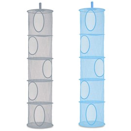DHSWNNG Pack of 2 Hanging Storage, 5 Levels Hanging Shelf Mesh Foldable Hanging Storage Basket Hanging Mesh Storage Bag Cuddly Toys Hanging Shelf for Toys (Grey, Blue)