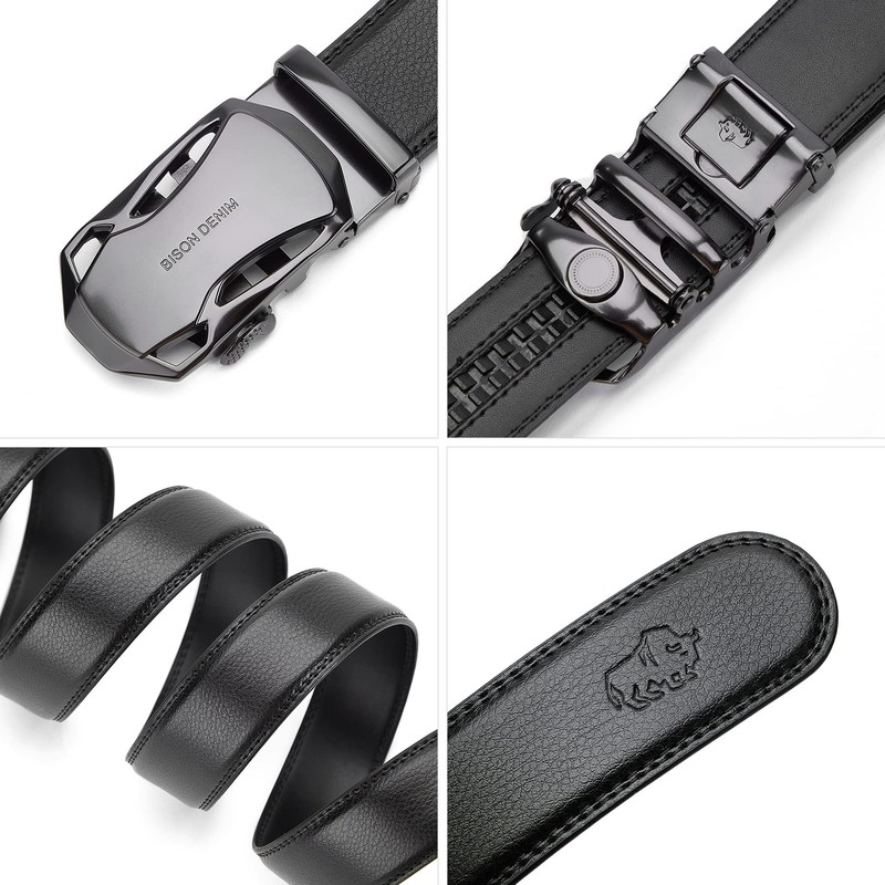BISON DENIM Men's Leather Belt Ratchet Automatic Clasp for Men’s