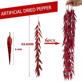Laiiqi 6 Pcs Artificial Pepper String Fake Vegetables Chili Peppers Decor Artificial Dried Chili Strings Red Pepper Plastic Vegetables for Home Kitchen Farm Harvest Decoration Photography Props (Red)