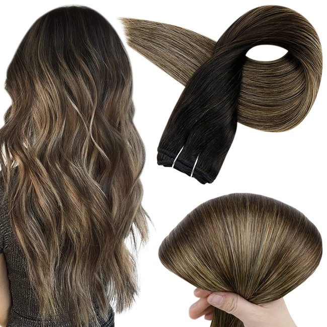 Full Shine Weft Bundles Human Hair 16 Inch Remy Balayage Hair Bundles 100 Gram Straight Hair Weft Extensions Color 1B off Black Fading to 6 Chestnut Brown and 27 Honey Blonde Sew in Hair
