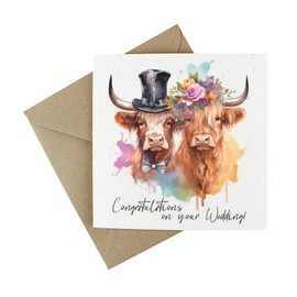 Plantable Wedding Day Card - Eco-Friendly Wildflower Seeded Greeting Celebration Card - Highland Cows