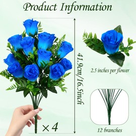 XONOR Artificial Rose Flowers - 4Bouquets Realistic Fake Silk Roses for Wedding Party Home Centerpieces Office DIY Cemetery Grave Decoration (Pack of 4, Blue)