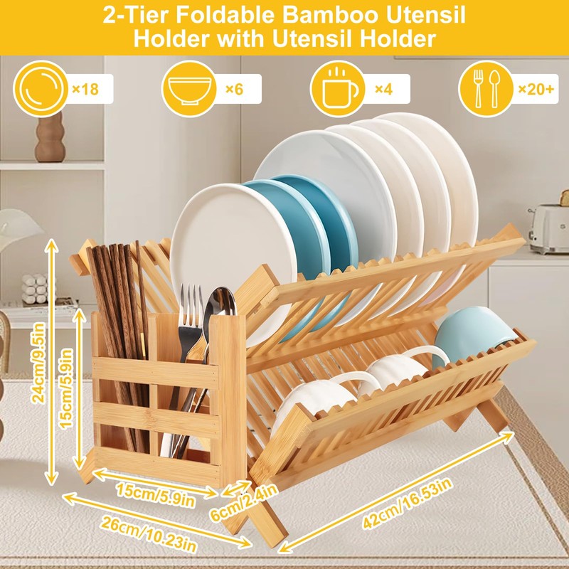 Tefola Bamboo Dish Drying Rack, 2-Tier Foldable Design with Utensil