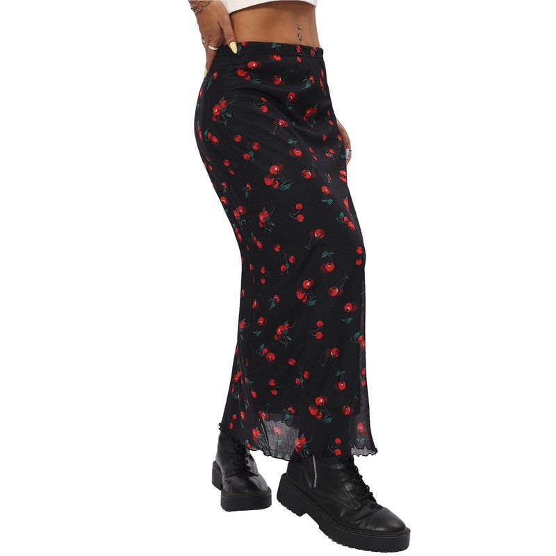 Avanova Women Cute Cherry Mesh Midi Skirt High Waist Lettuce