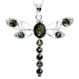 Genuine Green Baltic Amber & Sterling Silver Large Multitone Dragonfly Pendant without Chain - 1861G