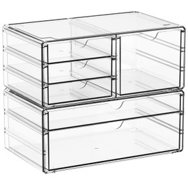 Yieach 2 Pack Acrylic Drawer Organizer With 6 Drawers,Stackable 11.1” Large Clear Storage Drawers and Makeup Organizer For Vanity,Bathroom Countertop,Cabinet,Pantry,Office Supply Storage Bins Drawers