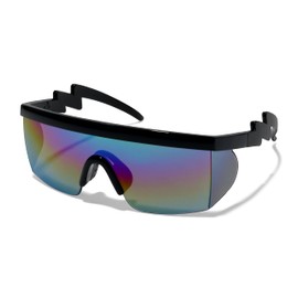 ShadyVEU Semi Rimless Neon Rainbow Sunglasses Mirrored Lens UV Protection 80s Retro Rave Shades Crooked ZigZag Bolt Arm (Black Frame/Black Nose Pad/Rainbow Mirror Lens)