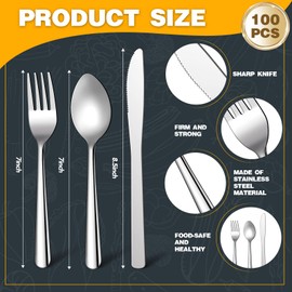 BBTO 100 Pcs Silverware Set for 33 Stainless Steel Flatware Set Mirror Polished Kitchen Utensils Cutlery Set with Square Edge Include 33 Knife 34 Fork 33 Spoon Tableware Set for Home, Dishwasher Safe