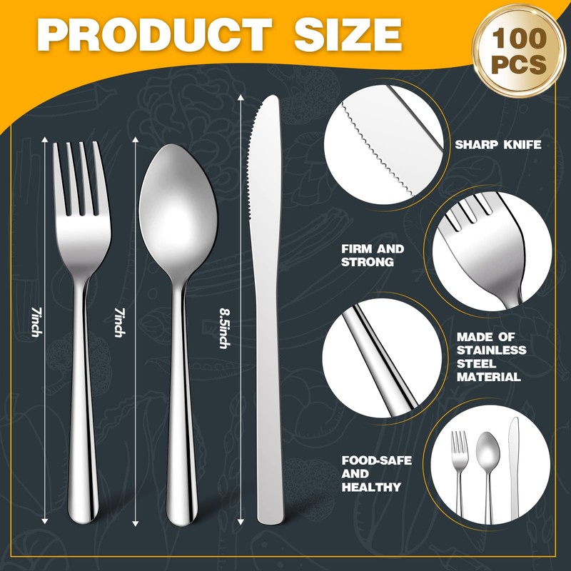 BBTO 100 Pcs Silverware Set for 33 Stainless Steel Flatware