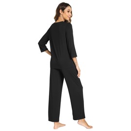 WiWi Pajama Sets for Women Viscose from Bamboo 2 Piece 3/4 Sleeve Sleepwear with Pocket Crew Neck Pajamas S-XXL,Black,Medium