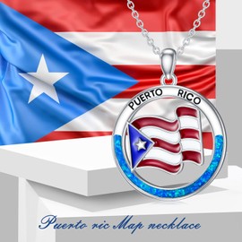 SIMONLY Puerto Rico Necklace with Blue Opal 925 Sterling Silver Puerto Rico Flag Pendant Chain Jewelry Gifts for Men Women Puerto Ricans