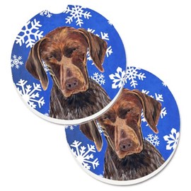 Caroline's Treasures SC9395CARC German Shorthaired Pointer Winter Snowflakes Holiday Set of 2 Cup Holder Car Coasters Absorbent Sandstone Coasters for Car Cup Holders Gifts for Men or Women, Large, Mu