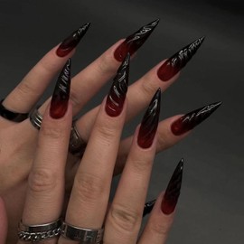 Black Press on Nails 3d Fake Nails Full Cover Horror Nails Red Black with Blood designs Almond False Nails for Women Girls Party Manicure Artificial Nails 24pcs