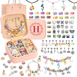 Charm Bracelet Making Kit for Girls 3-12, Kids Jewelry Making Kit 66Pcs Jewelry Kits for Girls Ages 8-12 Jewelry Maker Craft Necklace Birthday Christmas Gifts with Initial Jewelry Organizer Box - H