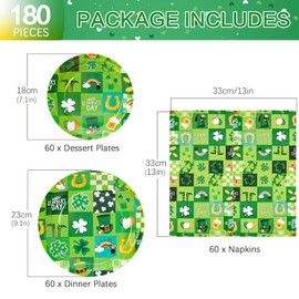 180Pcs St Patricks Day Party Supplies Paper Plates and Napkins Serve 60 Disposable Tableware Set for Birthday Party Decorations Game Day Family School Holiday Sports Events