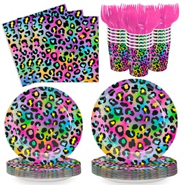 120pcs Neon Rainbow Leopard Birthday Party Supplies Plates Napkins Cheetah Girl's Sparkly Splatter Paper Tableware Set Disposable Cups Pink Forks 24 Guests