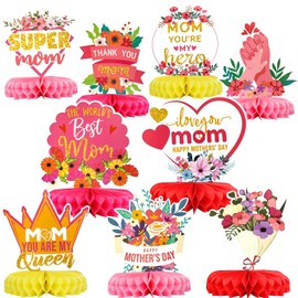HOWAF 9 Pieces Mother's Day Party Decorations Colorful Glittery Honeycomb Centerpieces, Thank You Mom Floral Table Toppers Table Centerpieces for Mom's Birthday Happy Mother's Day Photo Props