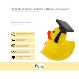 MC-Trend Original Academic Bath Duck with Diploma and Graduation Hat Vinyl Latex-Free Yellow Squeaky Duck Gift for Examination ABI High School University Graduation Study Lucky Charm