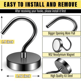 FINDMAG 6Pack Black Strong Magnetic Hooks, 60lbs+Heavy Duty Magnets with Hooks for Cruise Ship Walls,Magnetic Kooks Heavy Duty for Cruise Cabins,Hanging,Grill,Tool,Kitchen
