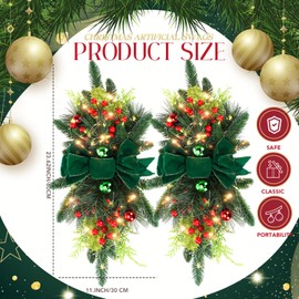 Lyrow 2 Pcs Christmas Artificial Swags 24" Xmas The Cordless Prelit Stairway Swag Teardrop Trim Wreath Door Stair Swag Garland Christmas Swags for Outdoor Home Garden Decor (Fresh, Green Ribbon)